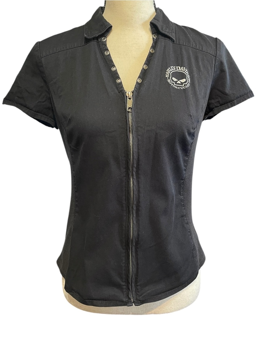 Harley Davidson Skull Collared Zip Front Lace back Fitted Sexy Biker Shirt